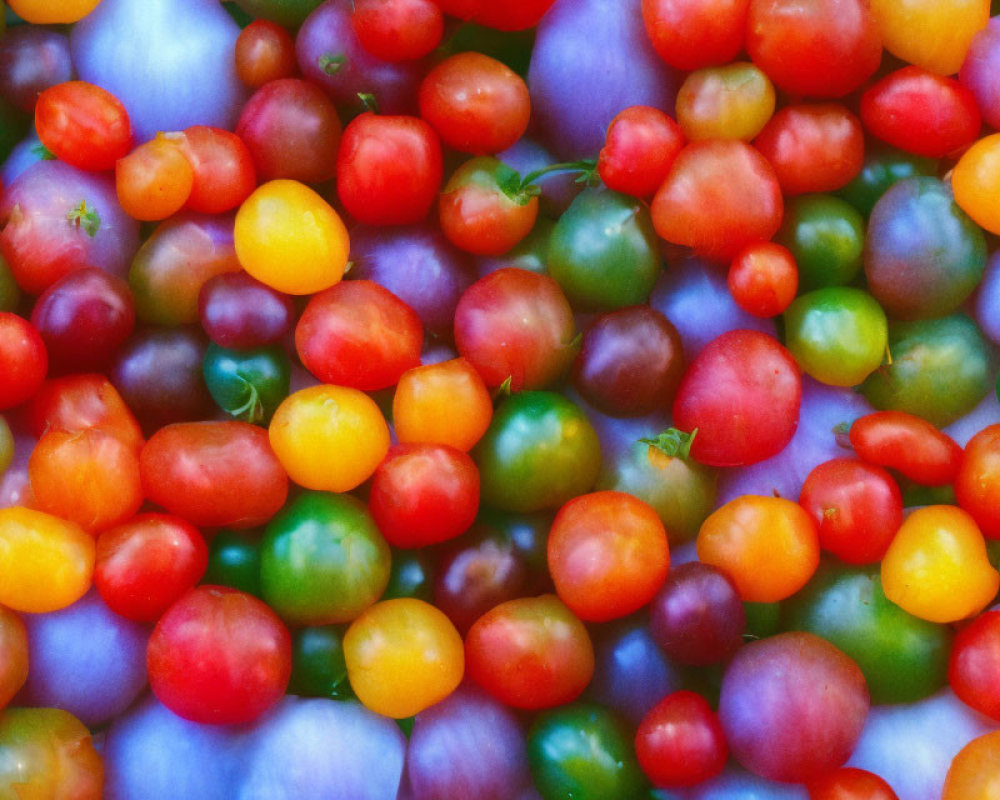 Vibrant assortment of cherry tomatoes in red, yellow, green, and purple.