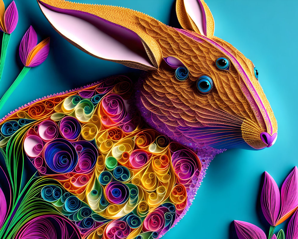 Colorful Quilled Rabbit Artwork on Blue Background