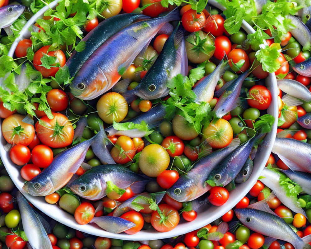 Colorful Cherry Tomatoes and Green Herbs with Fresh Fish Display