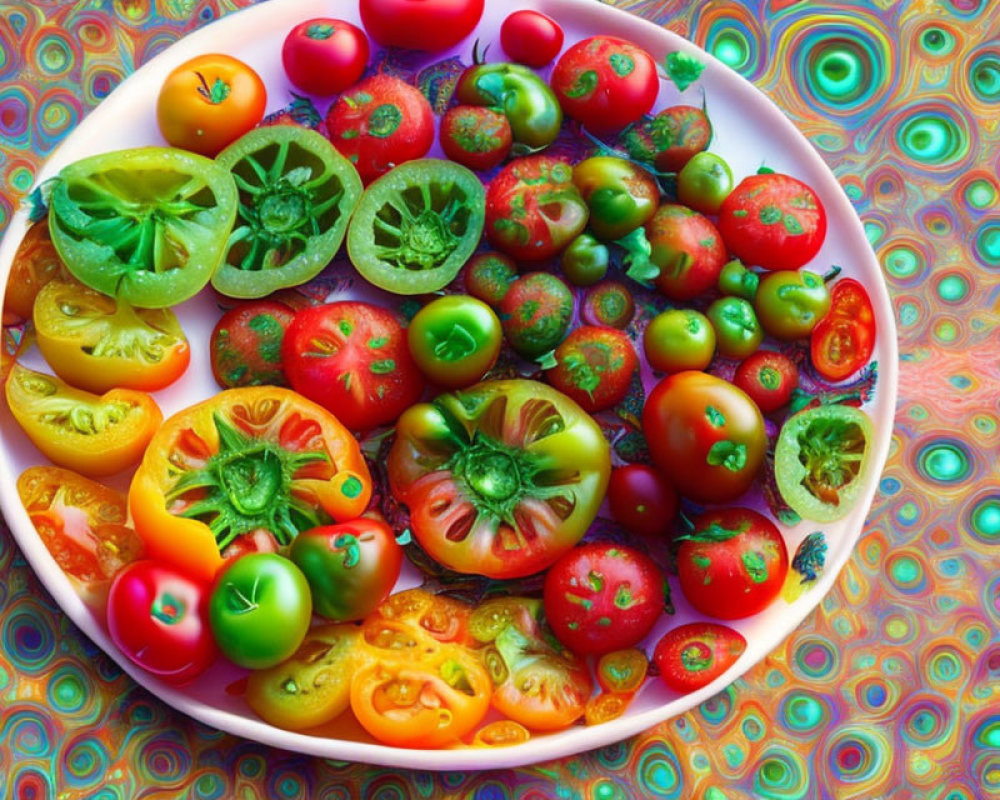 Colorful sliced and whole tomatoes on plate with psychedelic background