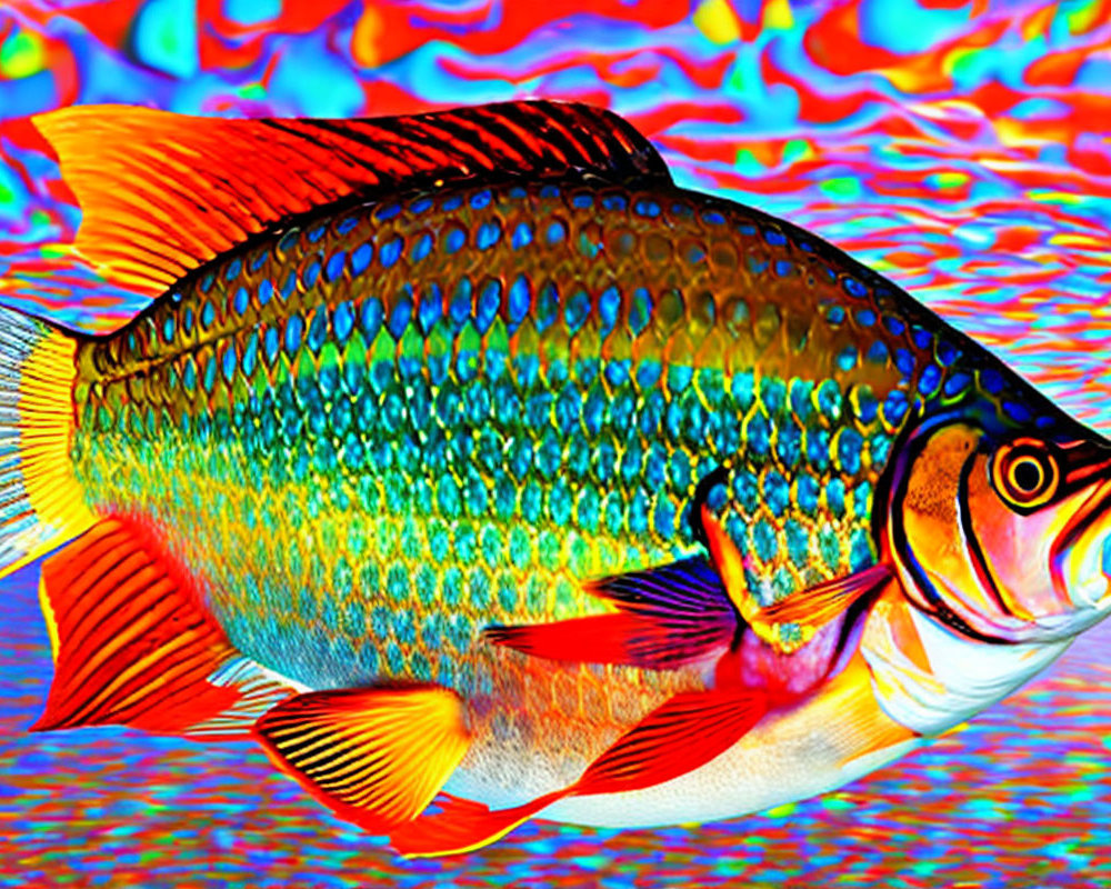 Colorful Fish with Iridescent Body and Red Fins on Psychedelic Background