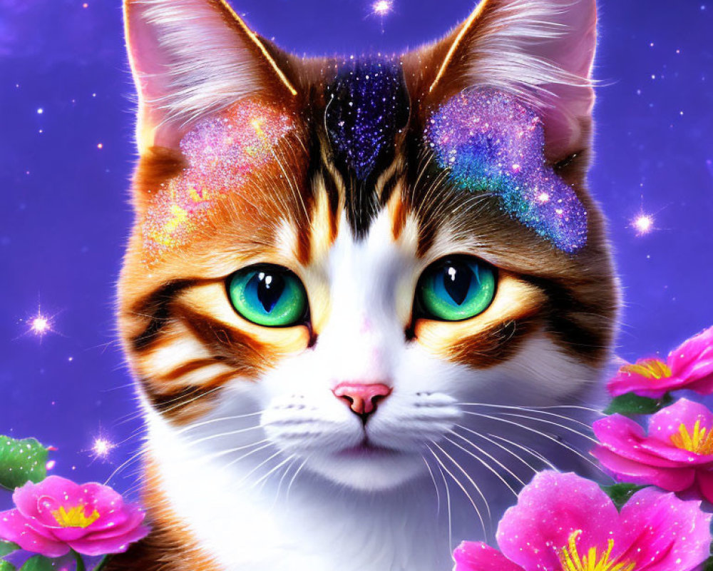 Colorful digital artwork: Cat with galaxy fur and green eyes amid pink flowers on purple background