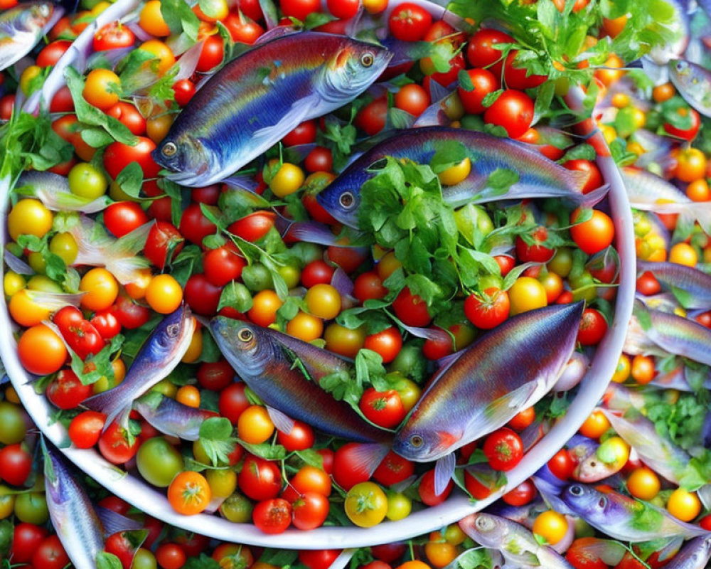 Fresh raw fish bowl with colorful cherry tomatoes and green herbs