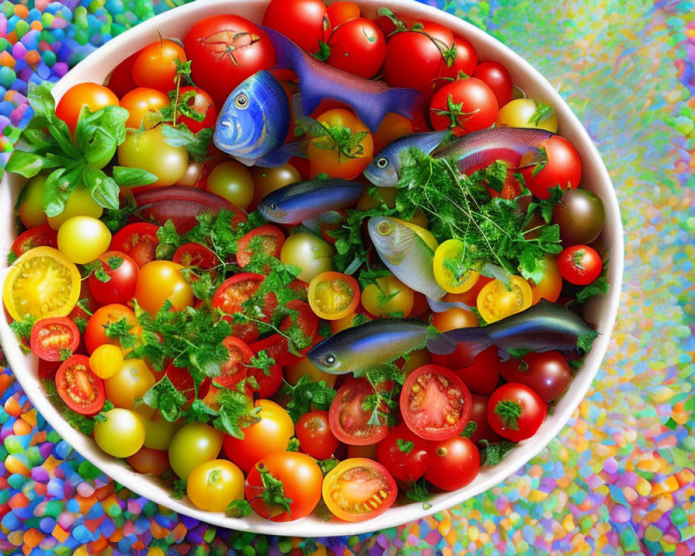 Vibrant bowl with tomatoes, herbs, and decorative fish on bead background