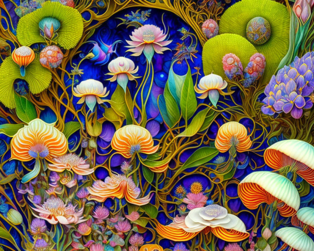 Colorful Fantastical Flowers and Mushrooms Artwork with Rich Textures