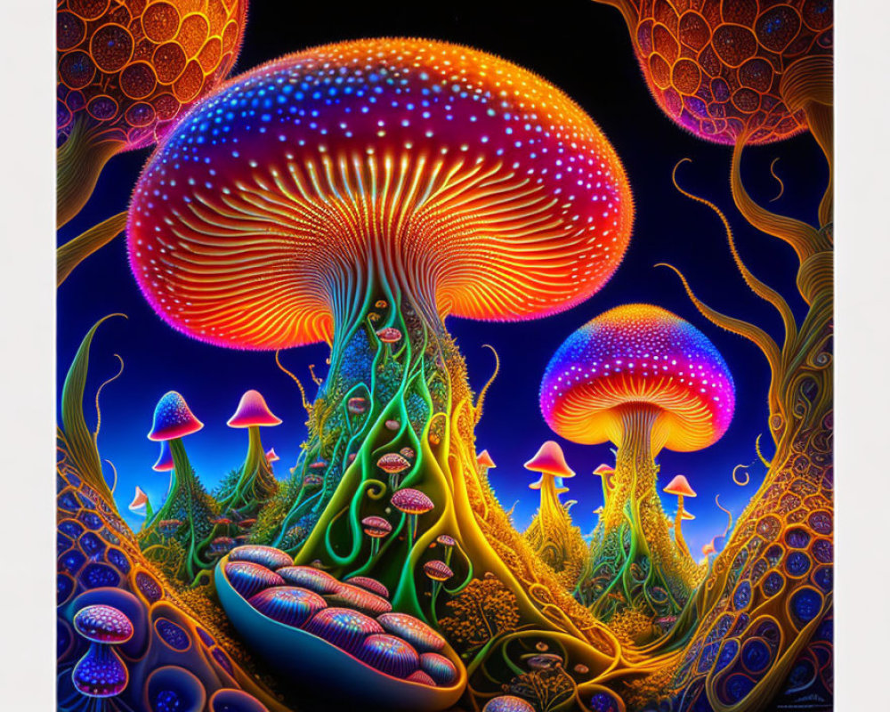 Colorful psychedelic mushroom art on dark blue background