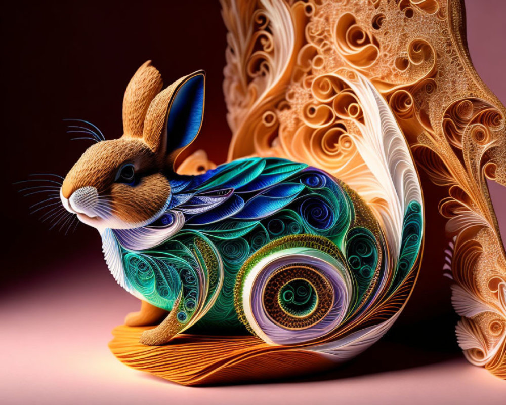 Colorful Quilled Paper Art: Rabbit Design with Ornate Patterns on Pink Background