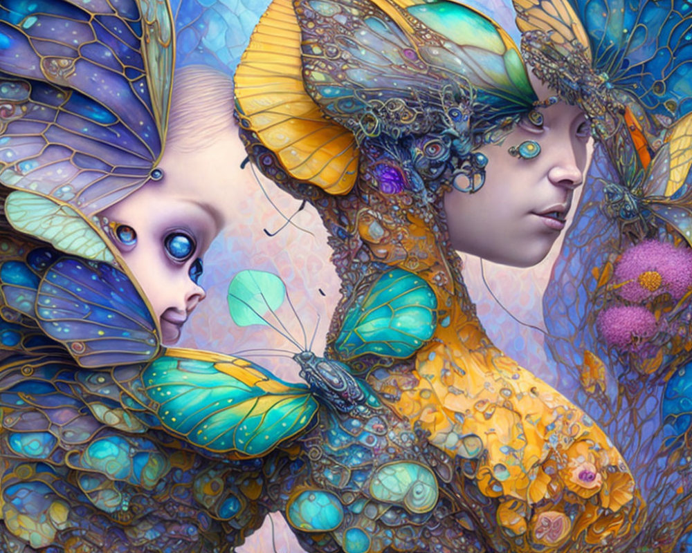 Whimsical fairy creatures with butterfly wings in colorful fantasy setting