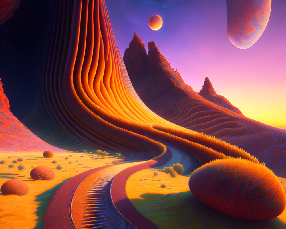 Colorful alien landscape with orange structures, yellow terrain, and purple sky