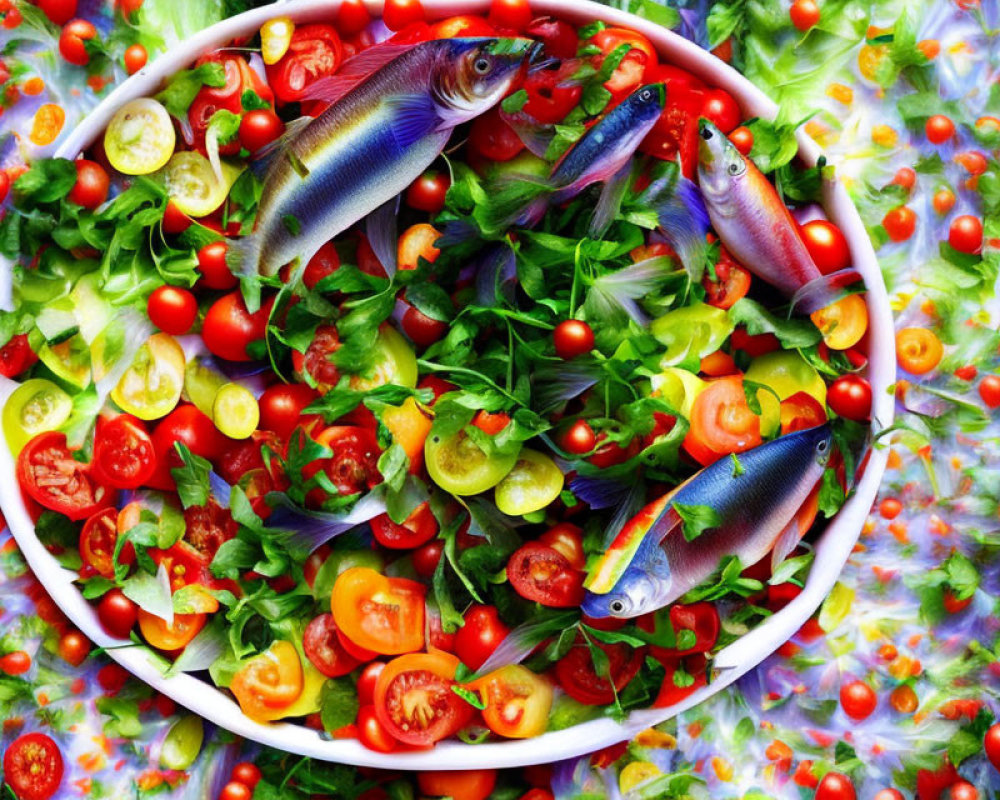 Colorful salad with greens, tomatoes, lemon, and fish in white bowl