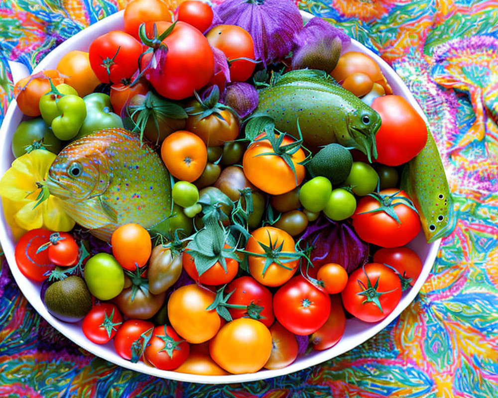 Assorted Tomatoes and Fish on Colorful Background