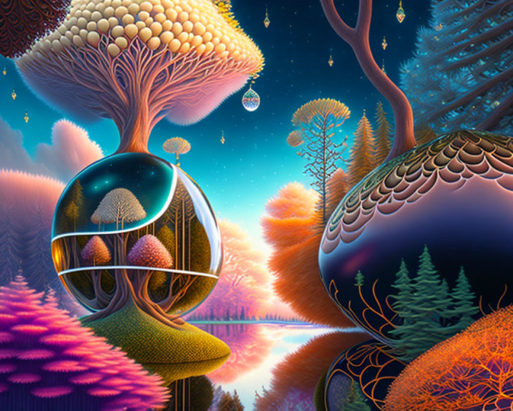 Surreal landscape with fantastical trees, reflective orb, and starry sky