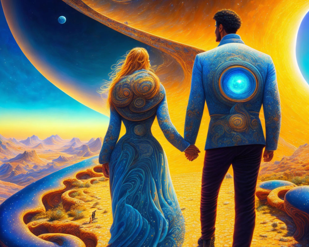 Fantastical Path with Couple Holding Hands and Surreal Landscape