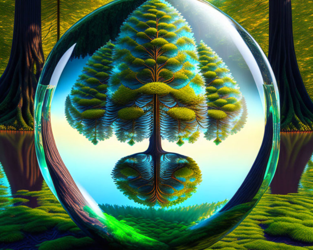 Surreal image of crystal ball reflecting inverted tree in lush forest