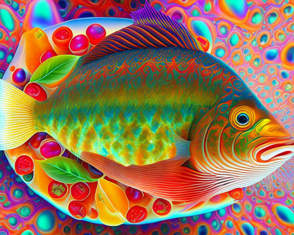 Colorful Psychedelic Fish Illustration with Abstract Patterns and Shapes