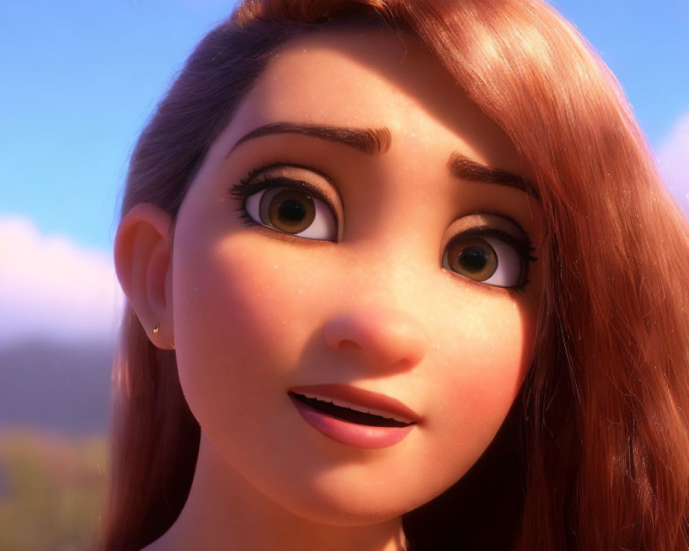 Detailed Close-up of Auburn-Haired 3D Character with Brown Eyes