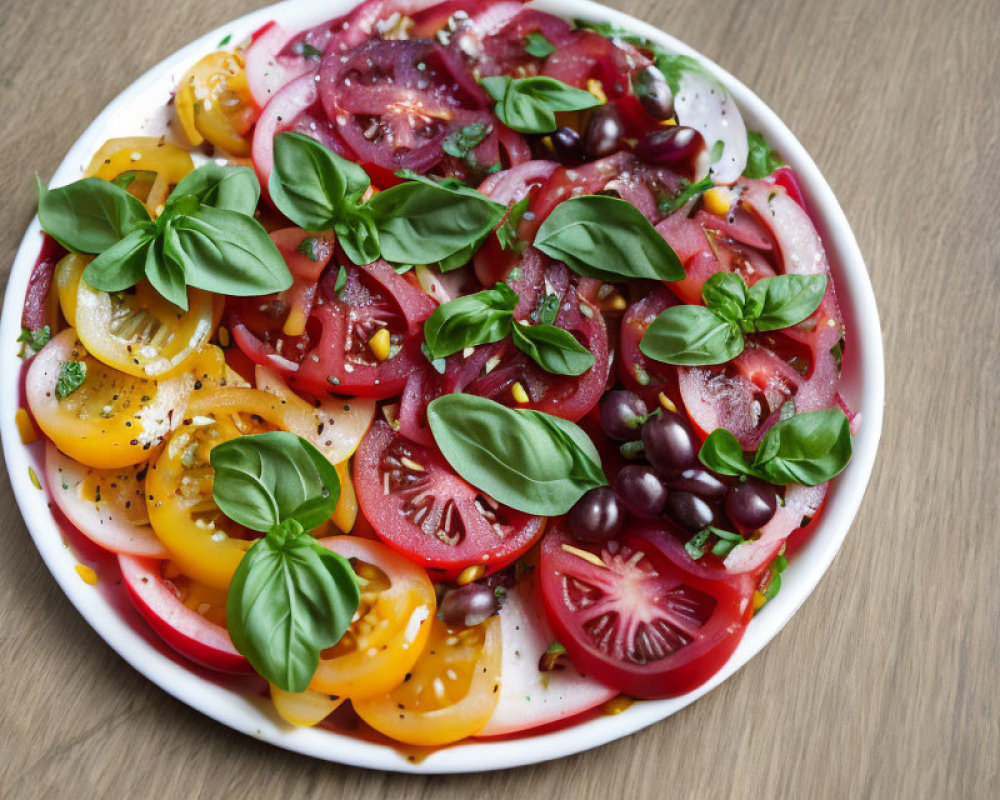 Vibrant tomato salad with basil, olives, and black pepper on white plate