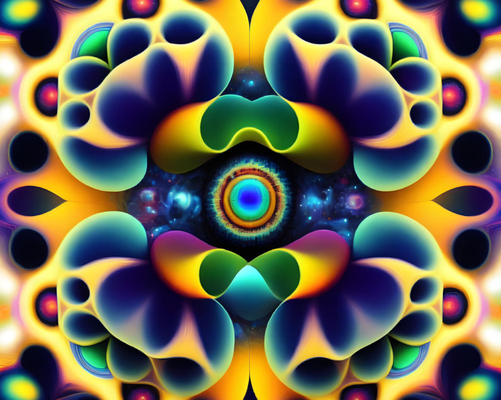 Symmetrical Fractal Design with Vivid Colors and Floral Patterns