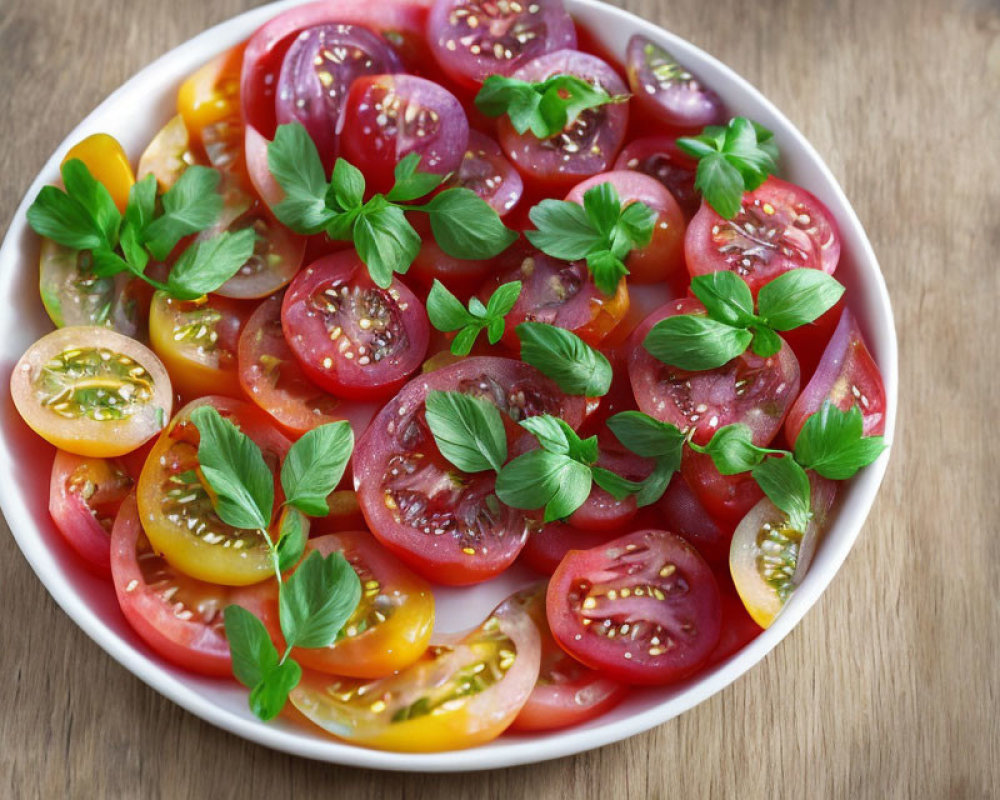 Fresh red and yellow tomato slices with basil on wooden table