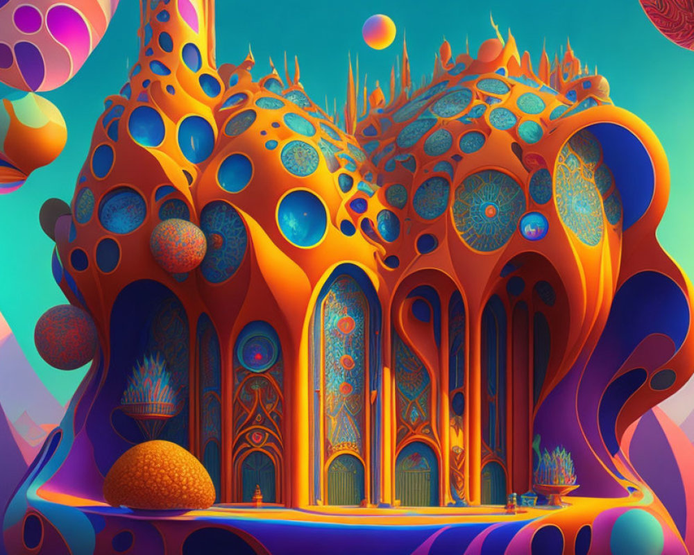 Colorful surreal illustration of ornate, organic structure in teal and orange landscape