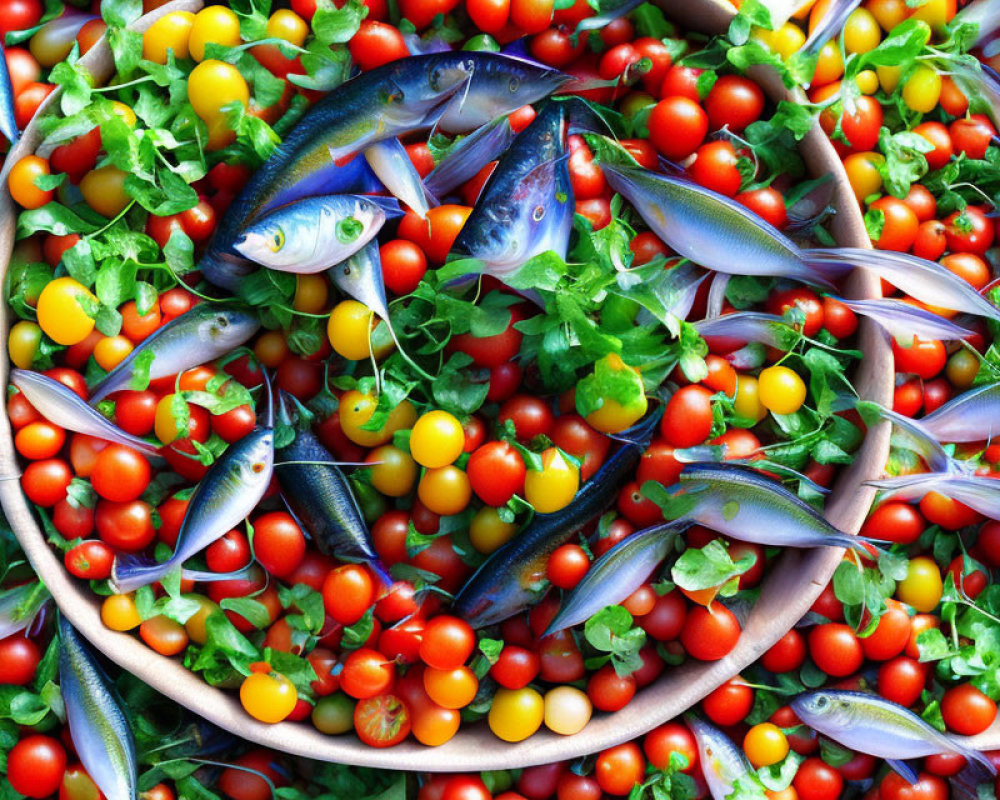 Colorful Fresh Fish and Cherry Tomatoes with Green Leaves