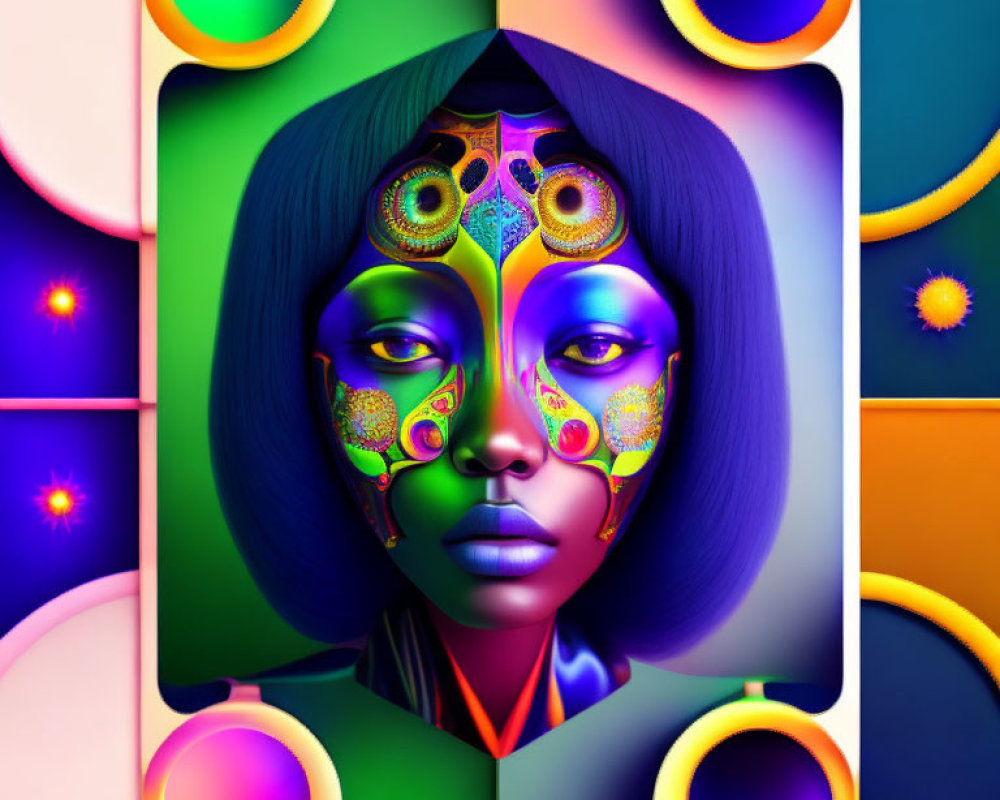 Multicolored surreal portrait with mechanical gear-like patterns on face