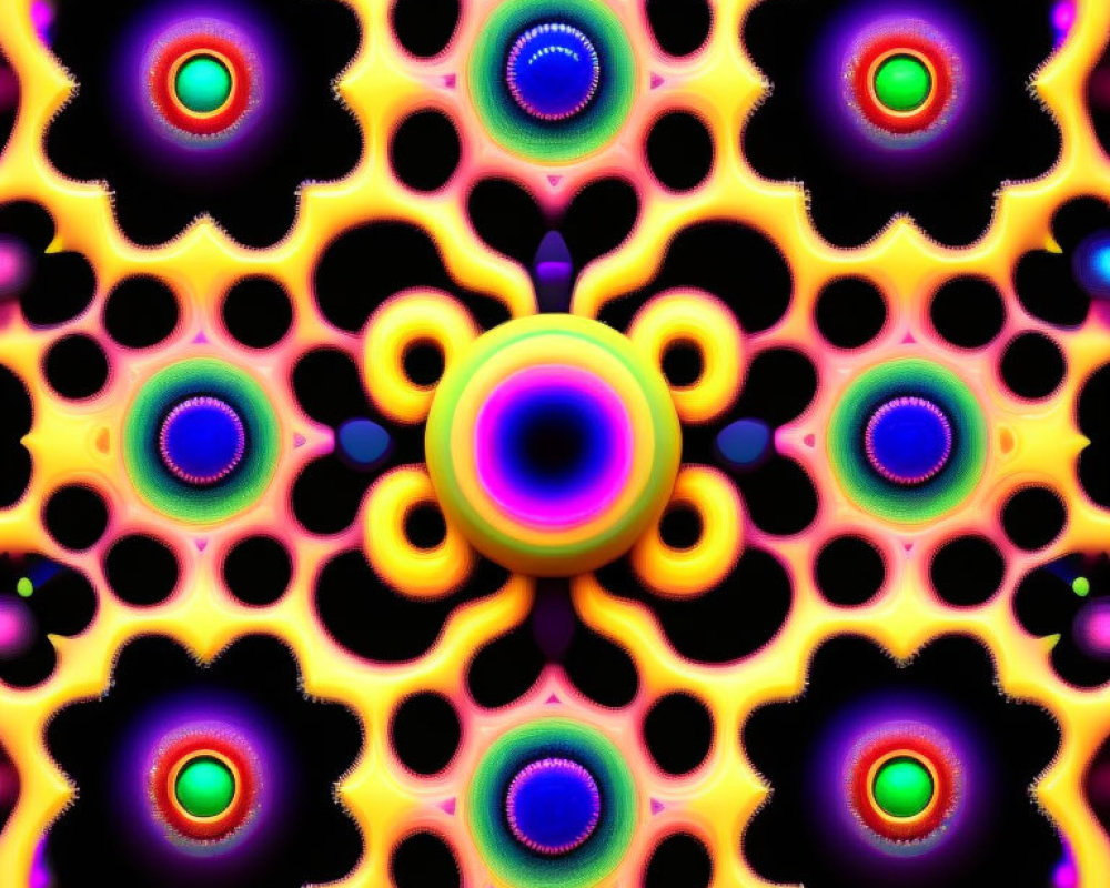 Colorful Symmetrical Floral Fractal Art in Yellow, Purple, Blue, and Magenta