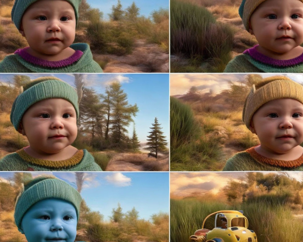 Collage of Six Baby Facial Expressions Outdoors with Toy Car