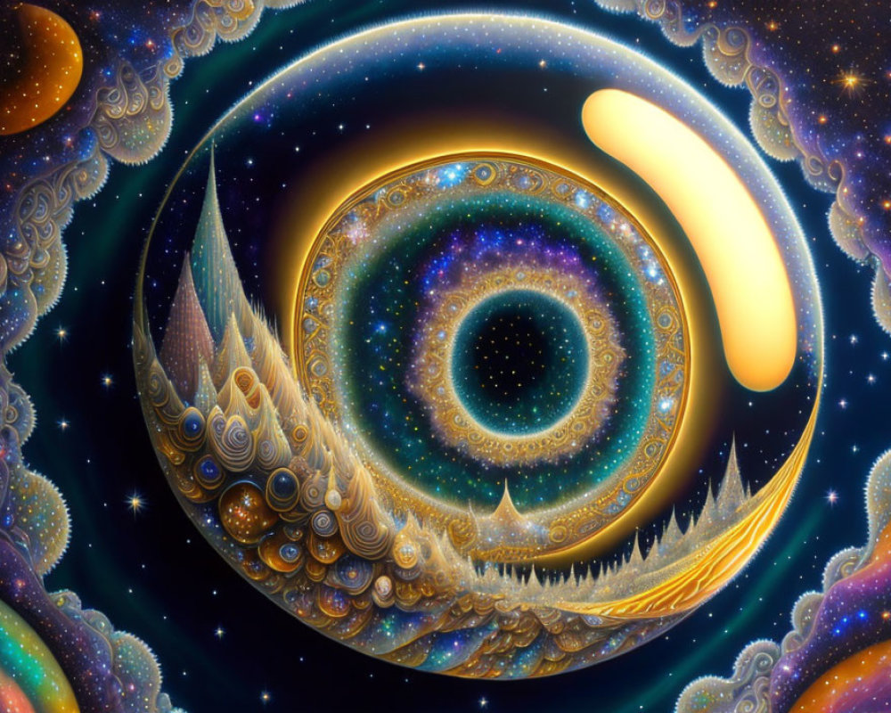 Cosmic digital art: Spiral galaxy, celestial bodies, fractal patterns in golds and blues