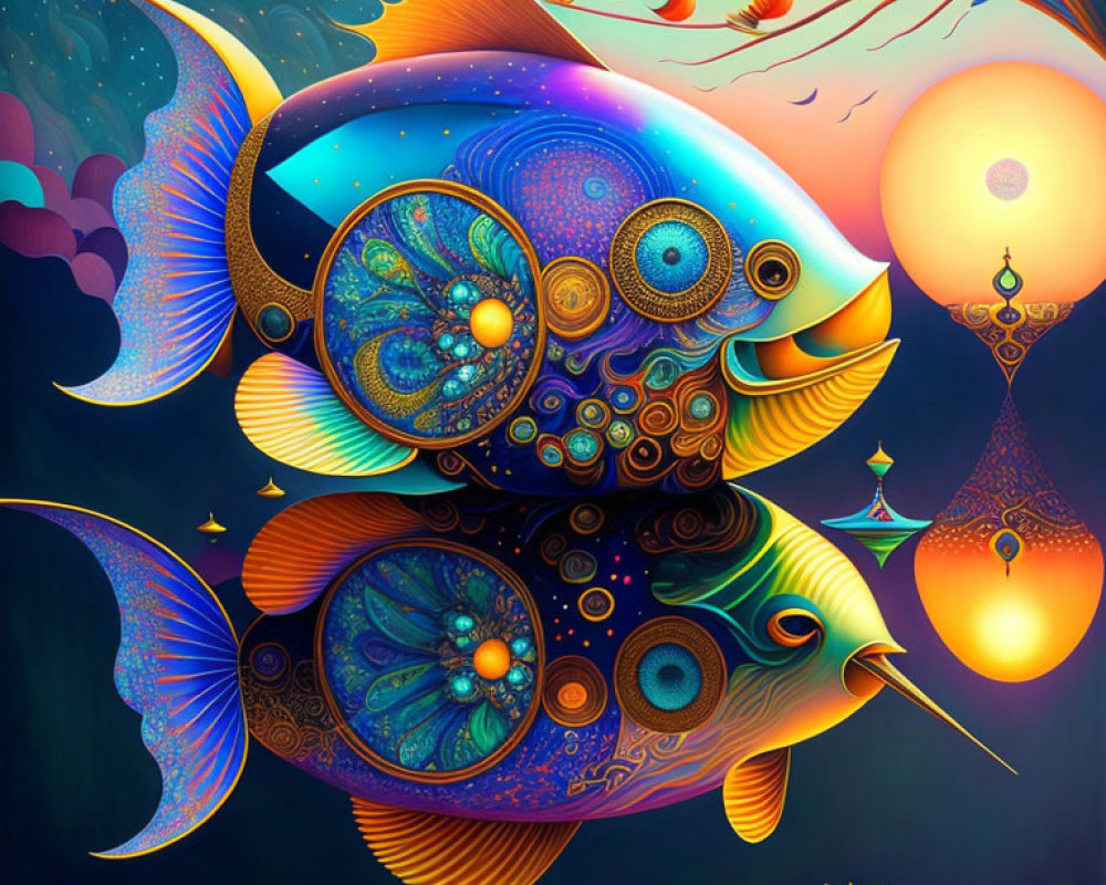 Colorful surreal fish with fractal patterns in celestial setting