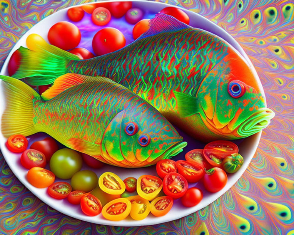 Colorful Fish with Psychedelic Patterns on Plate with Tomatoes and Abstract Background