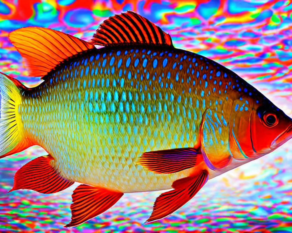 Colorful Tropical Fish with Blue, Yellow, Red, and Orange Features on Psychedelic Background