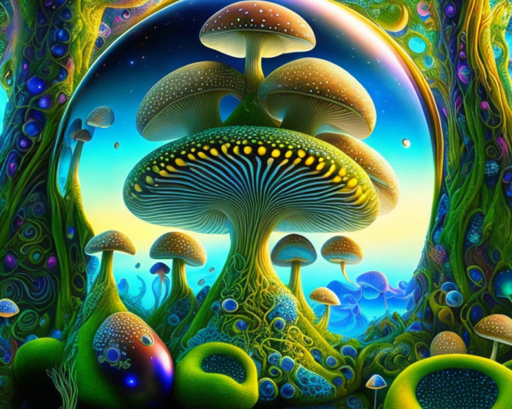 Psychedelic forest illustration with luminescent mushrooms and starry sky