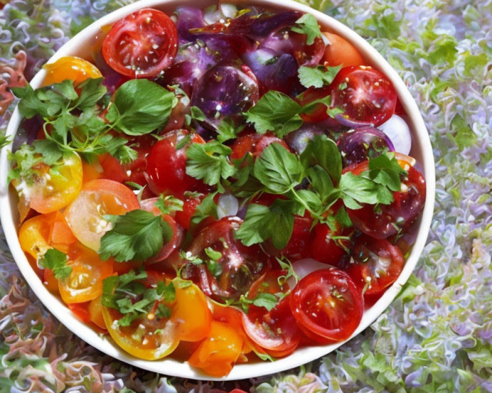 Vibrant Tomato Salad with Purple Basil and Parsley in White Bowl