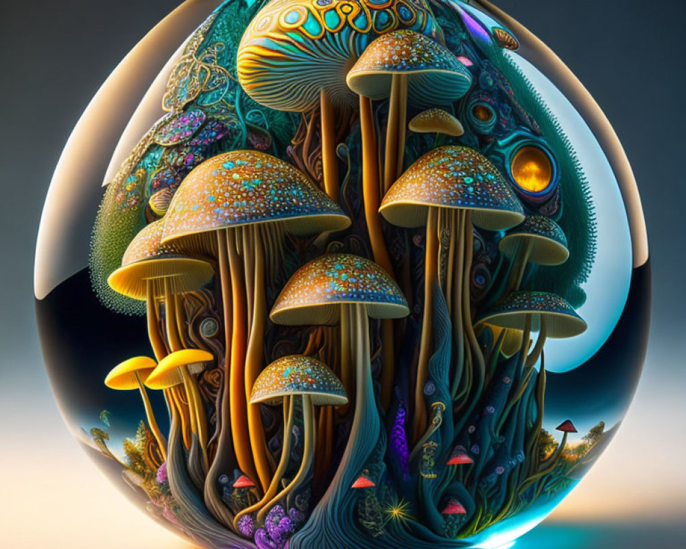 Bioluminescent Mushroom Artwork in Egg Structure on Dark Background