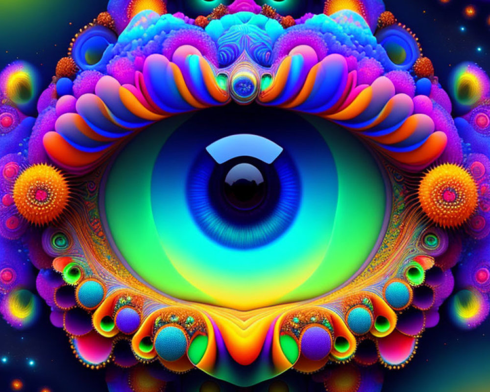 Colorful Psychedelic Digital Artwork with Central Eye and Fractal Patterns