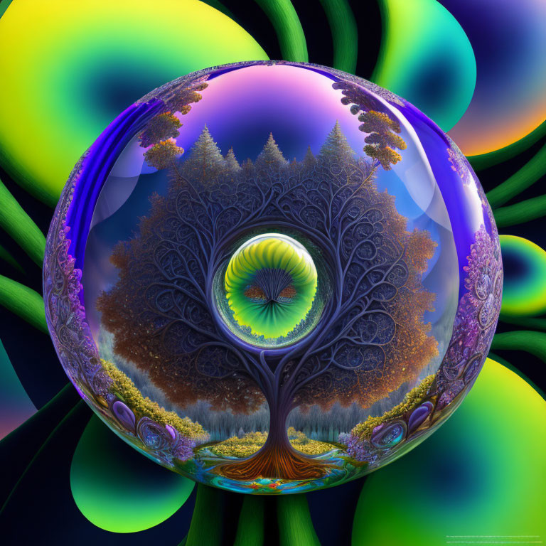 Colorful Digital Artwork: Transparent Sphere with Tree and Landscape