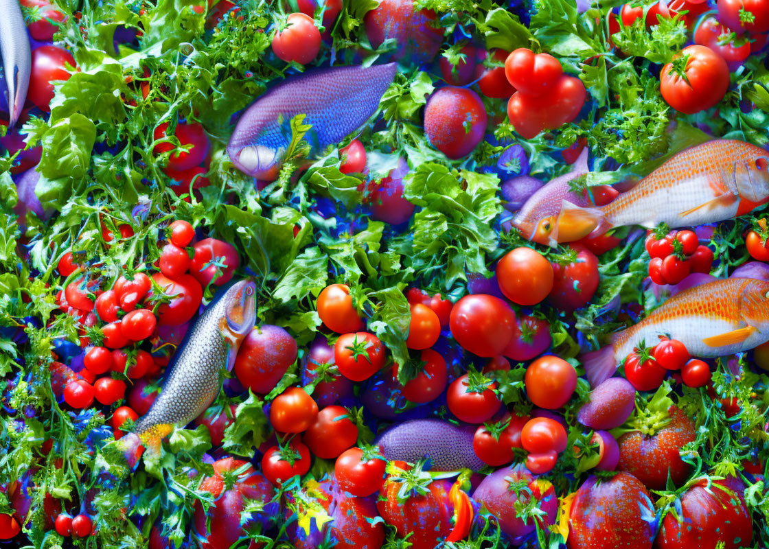 Colorful kale, tomatoes, and fish in vibrant composition