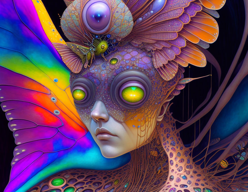 Colorful digital art of fantastical creature with butterfly wings