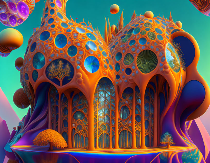 Vibrant Orange and Blue Organic Structure in Dream-like Landscape