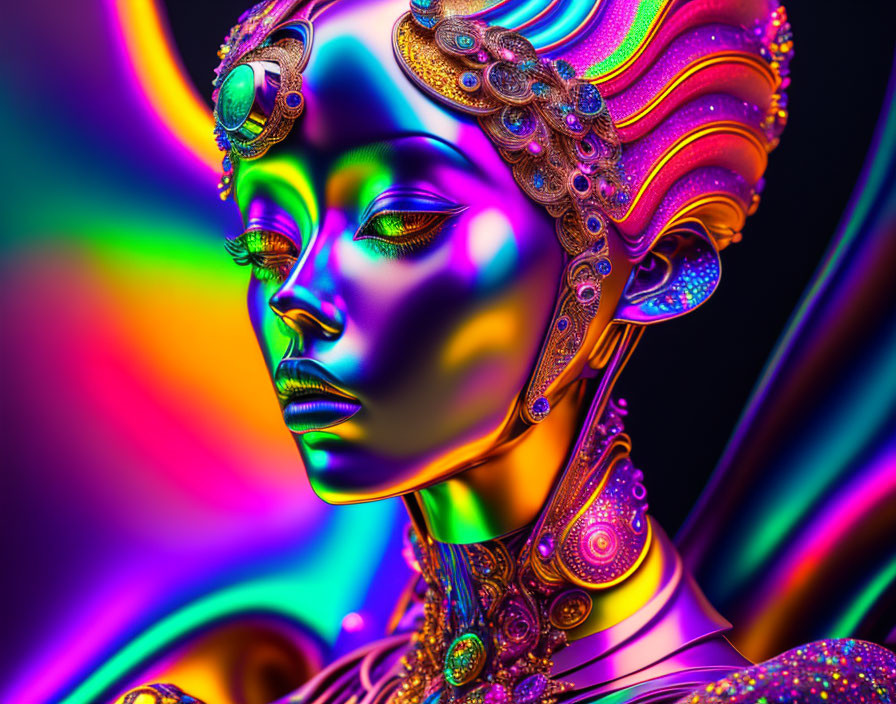 Vibrant digital artwork of woman with metallic skin and ornate headdress