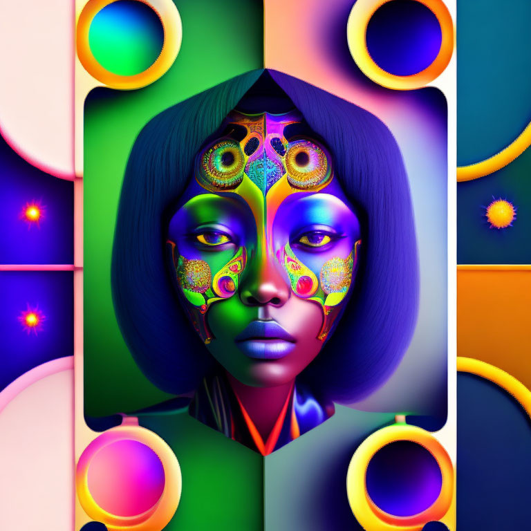 Multicolored surreal portrait with mechanical gear-like patterns on face