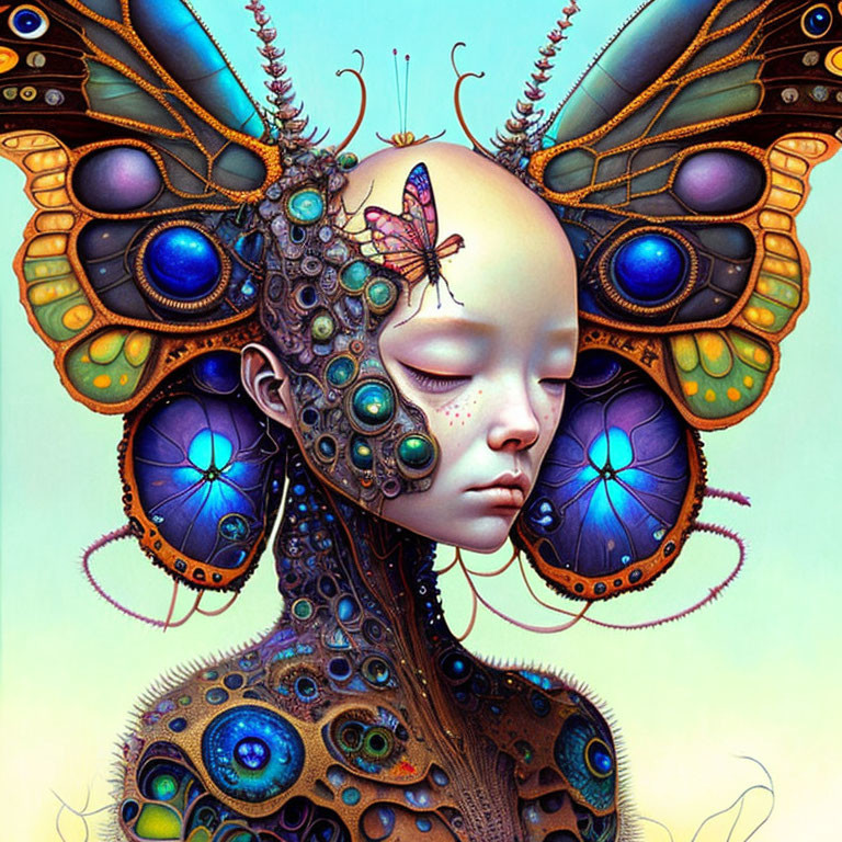 Surreal artwork featuring serene figure with butterfly wings and intricate insect-mechanical details