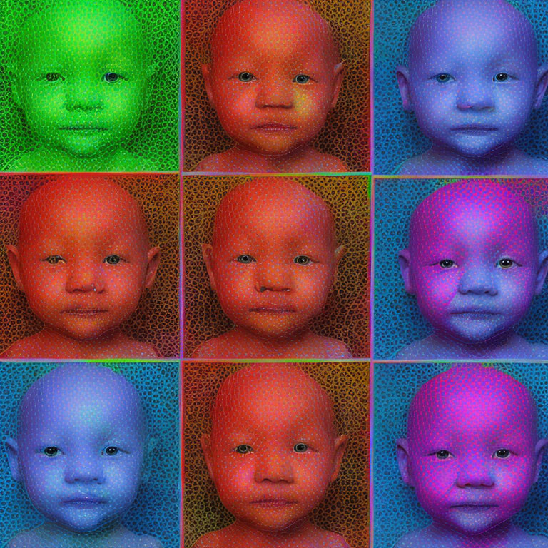 Nine Square Baby Face Images with Vibrant Color Overlays & Dotted Texture Patterns