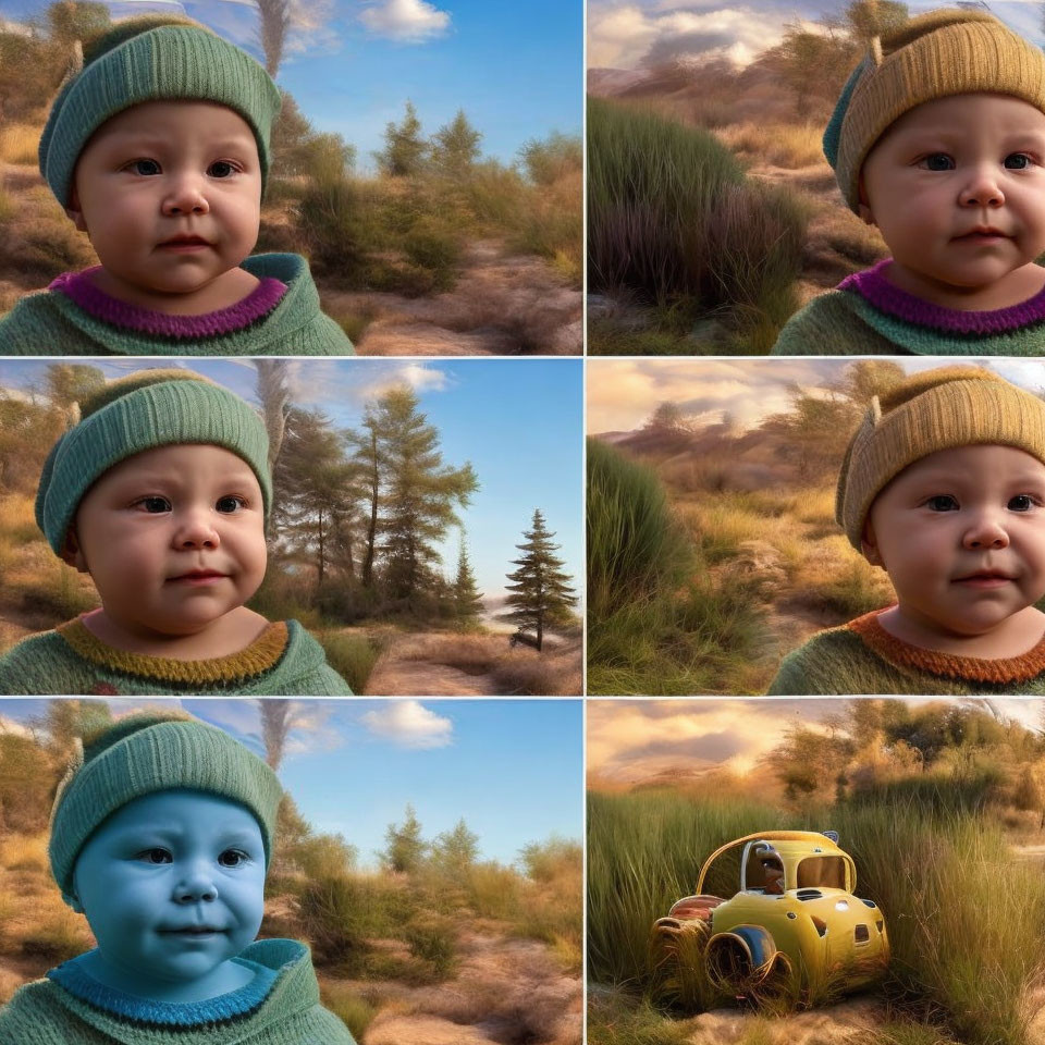 Collage of Six Baby Facial Expressions Outdoors with Toy Car