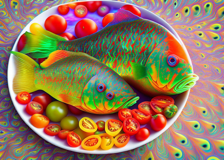 Colorful Fish with Psychedelic Patterns on Plate with Tomatoes and Abstract Background