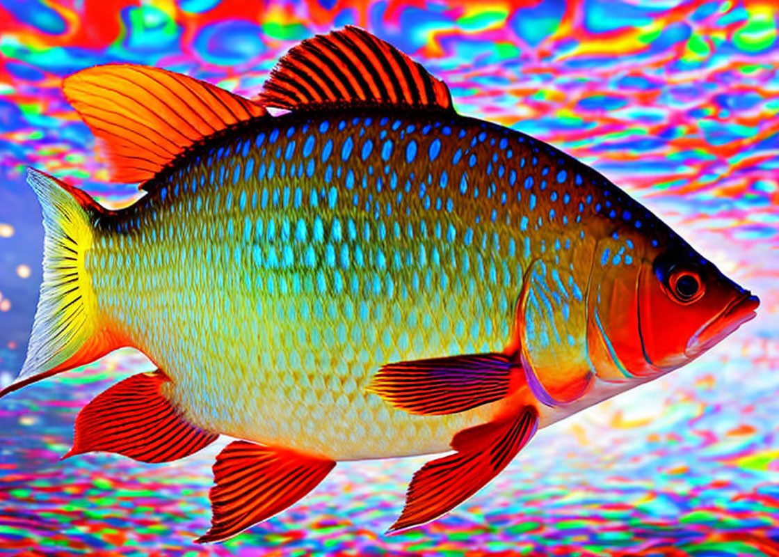 Colorful Tropical Fish with Blue, Yellow, Red, and Orange Features on Psychedelic Background