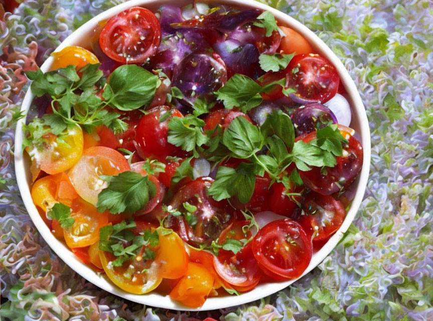 Vibrant Tomato Salad with Purple Basil and Parsley in White Bowl