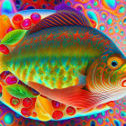 Colorful Fish with Iridescent Body and Red Fins on Psychedelic Background