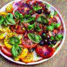 Colorful sliced and whole tomatoes on plate with psychedelic background